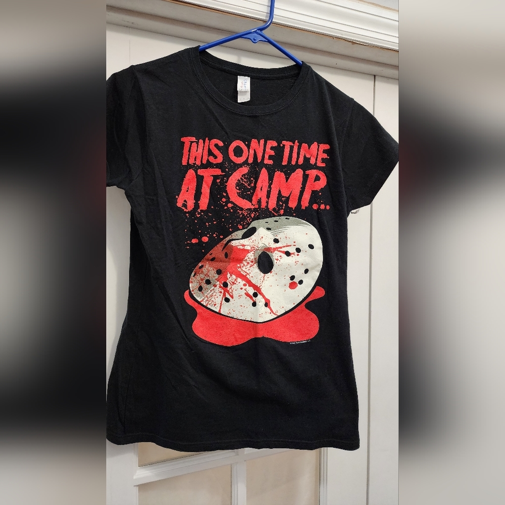 Girls style t-shirt. Halloweenish. Black. Says This One Time At Camp...
